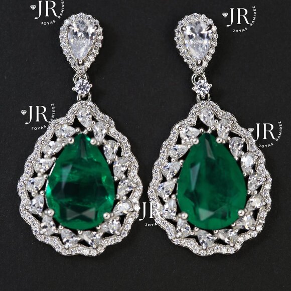 Teardrop Earrings with Emerald Green CZ and Clear CZ in Sterling Silver .925. - Picture 1 of 7